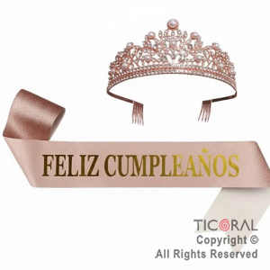 SET VINCHA Y BANDA FELIZ CUMPLEA�OS PERLAS Y STRASS ROSA GOLD (10548E) X 1
